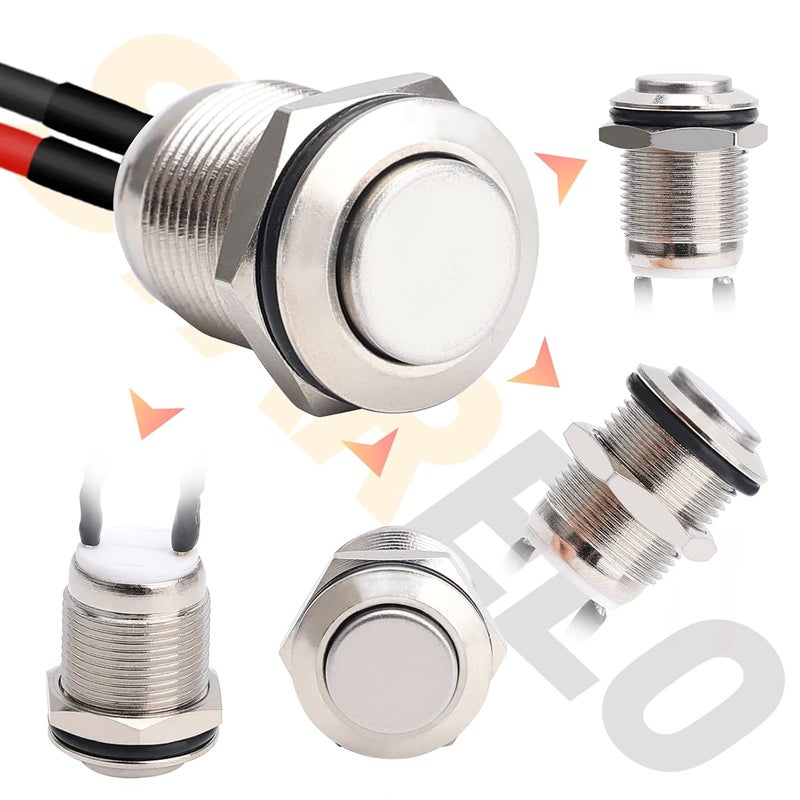 STARELO 5pcs 12mm Momentary Push Button Switch Silver Shell with pre-Wiring, IP65 Waterproof Push Button Switch,Stainless Steel 1 Normally Open Without LED. - Image 2